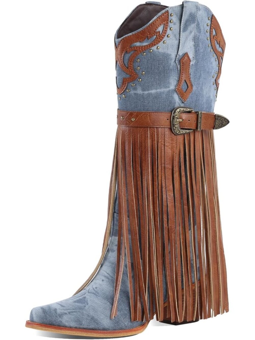 Women's Blue Fringe Knee High Heel Boot Faux Fur Pointed Toe Snow Western Boots